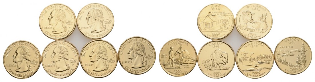  USA; 6 Münzen aus Kupfer-Nickel 2004-2005, mit 24 Karat Gold veredelt inkl. Kapsel   