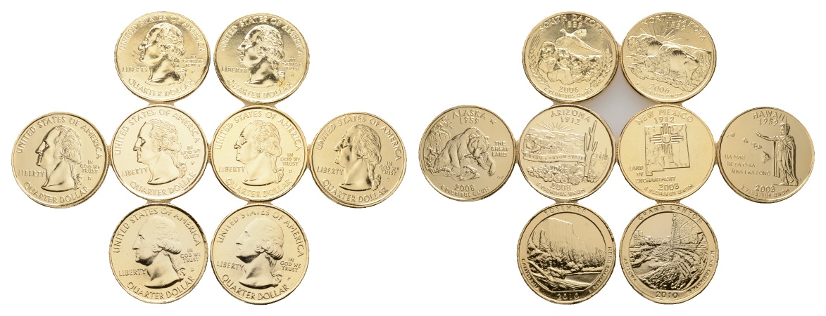  USA; 8 Münzen aus Kupfer-Nickel 2006-2010, mit 24 Karat Gold veredelt inkl. Kapsel   