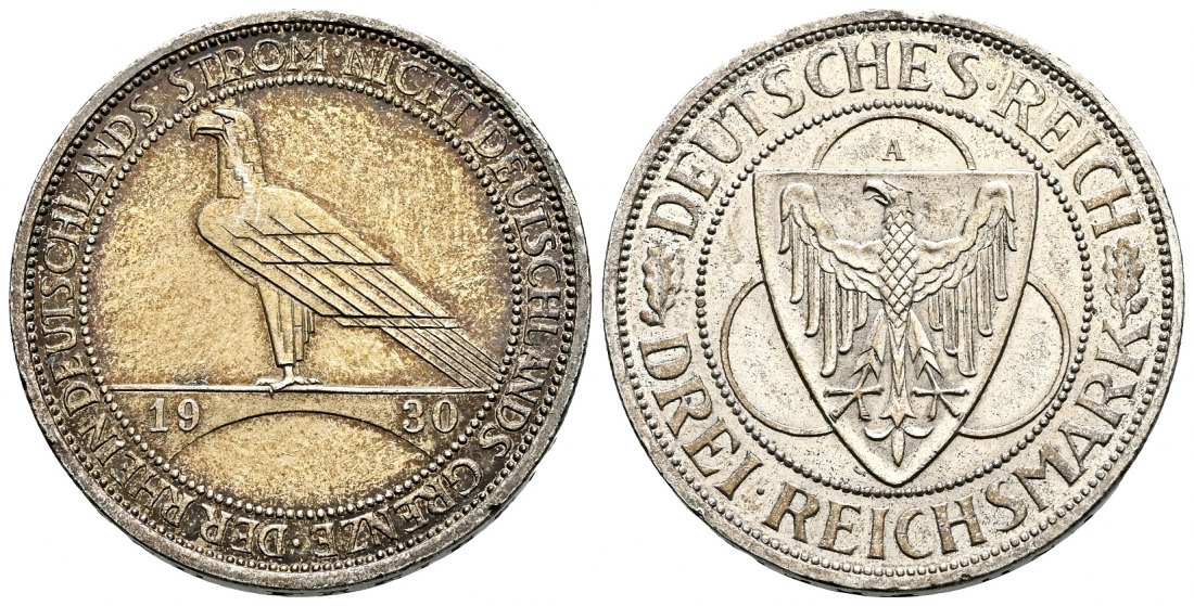 PEUS 2420 Weimarer Republik Zur Rheinland-Räumung 3 Reichsmark 1930 A Patina, sehr schön