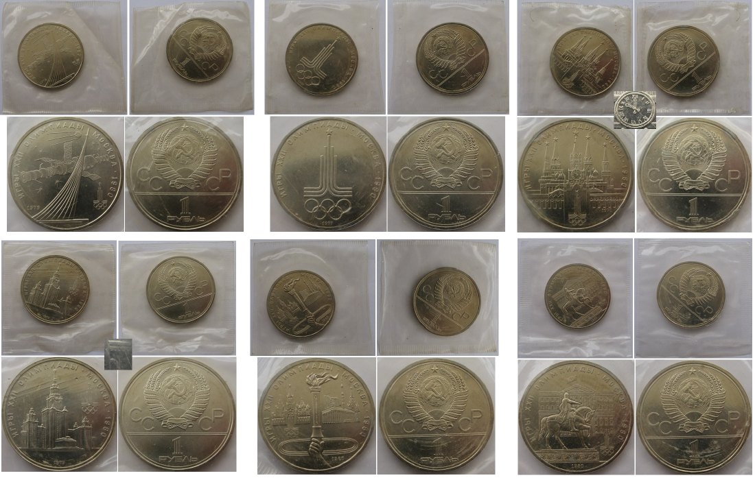  1980-Olympic Games Moscow, set:6 pcs 1-Ruble Soviet coins,BU,bank foil   