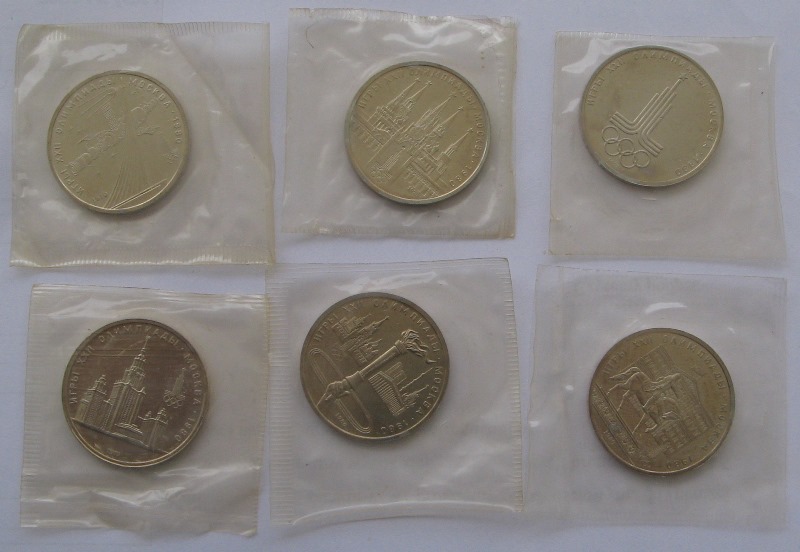  1980-Olympic Games Moscow, set:6 pcs 1-Ruble Soviet coins,BU,bank foil   