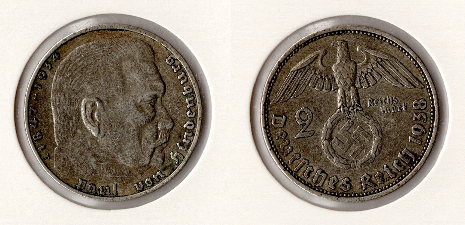  III. Reich 2 Reichsmark 1938 -A- Hindenburg Jaeger 366. sehr schön   