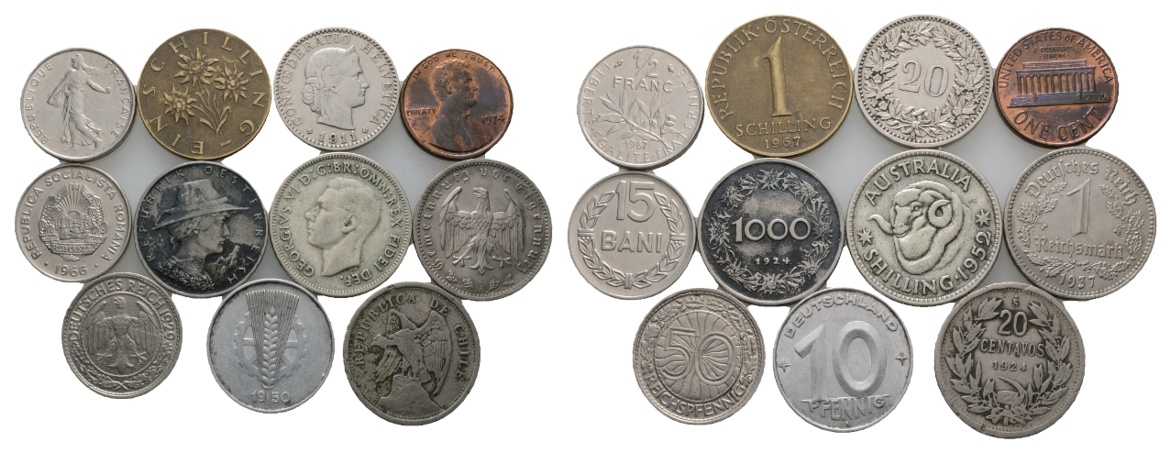  Lot Kleinmünzen (11 Stück); Österreich; Frankreich, USA, Rumänien, Australien, Deutsches Reich, uvm.   