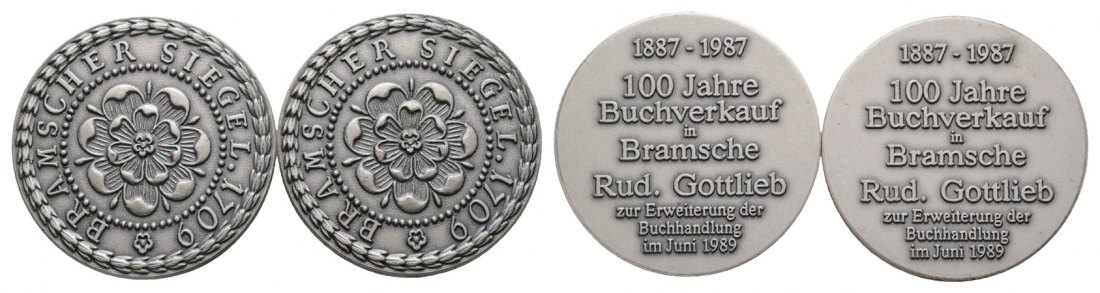  2 Medaillen; Bramscher Siegel 1709; 100 Jahre Buchverkauf; Gottlieb; unedel 13,35g, 13,27g, Ø 35,1mm   