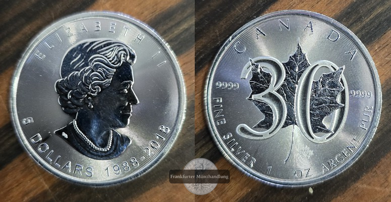  Kanada.  5 Dollar 2018 Maple Leaf Jubiläumsausgabe   FM-Frankfurt   Feinsilber: 31,1g   