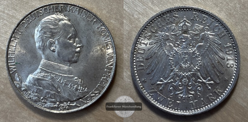  Deutsches Kaiserreich 2 Mark 1913 A Wilhelm II FM-Frankfurt KM#533 Feinsilber: 10g   