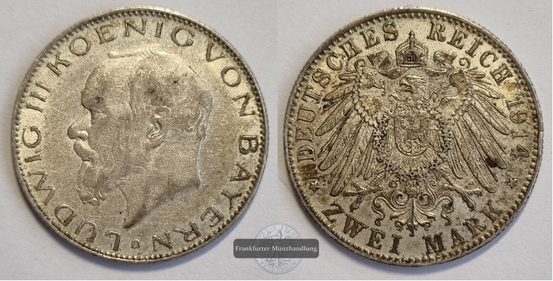  Deutsches Kaiserreich. Bayern, Ludwig III.  2 Mark 1914 D  FM-Frankfurt  Feinsilber: 10g   