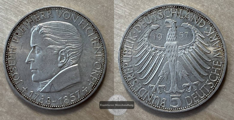  Deutschland 5 Mark, 1957 J Joseph Freiherr von Eichendorff   FM-Frankfurt  Feinsilber: 7g   