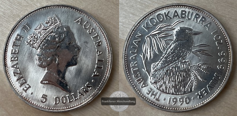  Australien 5 Dollars 1990 Kookaburra  FM-Frankfurt  Feinsilber:31,07g   