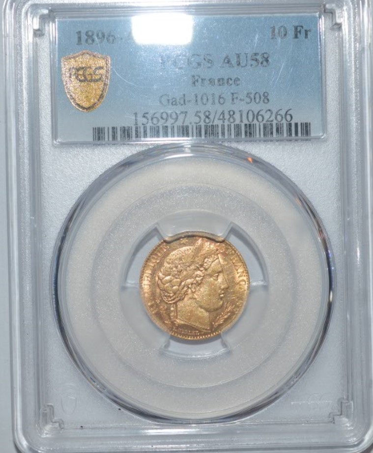  -kirofa - FRANKREICH 10 GOLD FRANCS - CERES 1896 A - GOLD 90% . PCGS AU 58   