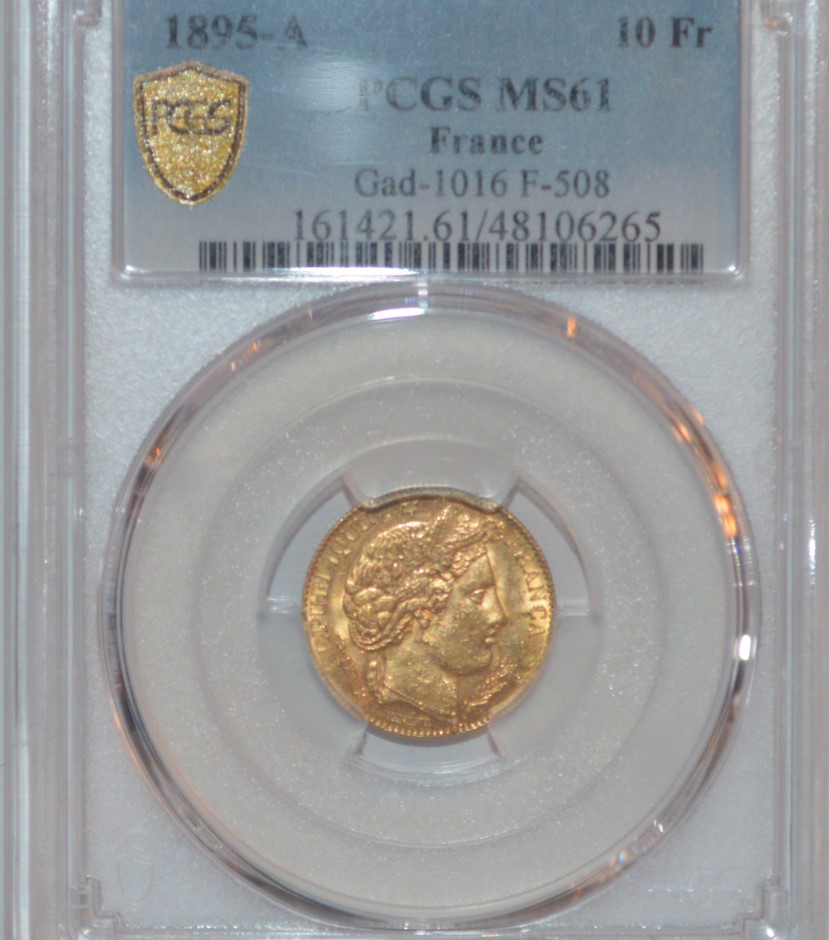  -kirofa - FRANKREICH 10 GOLD FRANCS - CERES 1895 A - GOLD 90% . PCGS MS 61   