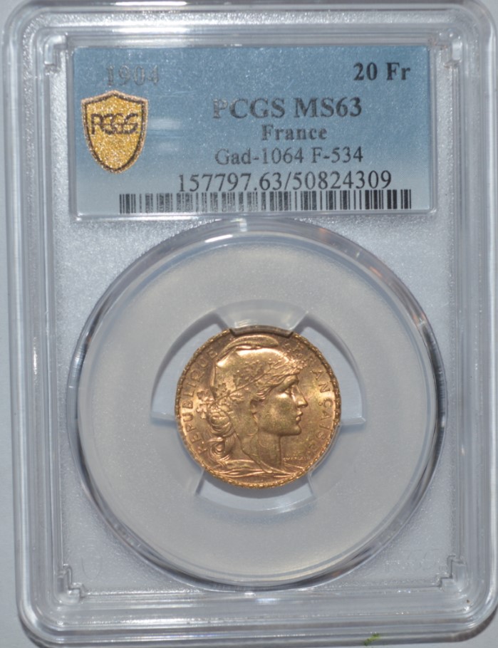  -kirofa - FRANKREICH 20 GOLD FRANCS - MARIANNE 1904 - GOLD 90% -5.81 gr. PCGS MS 63   