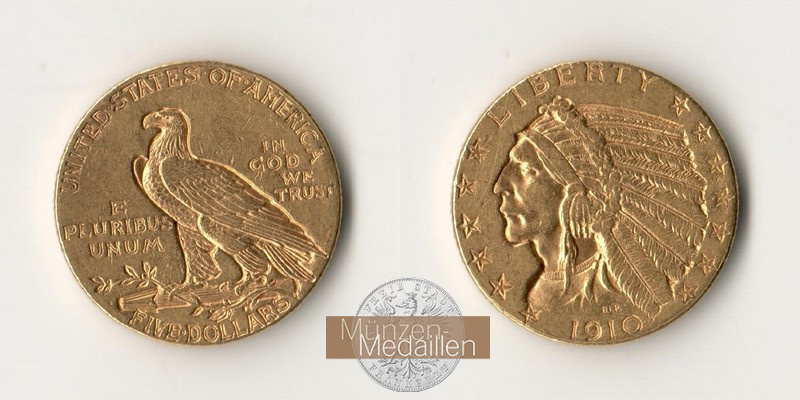 USA  5 Dollar MM-Frankfurt   Feingold: 7,52g Half Eagle - Indian Head 1910 