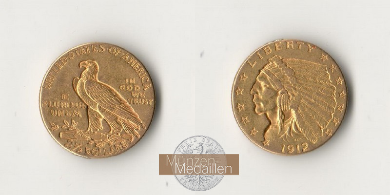 USA. 2.5 Dollar MM-Frankfurt Feingewicht: 3,76g Quarter Eagle - Indian Head 1912 