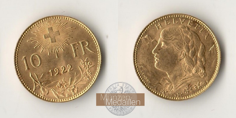 Schweiz  10 sFR MM-Frankfurt Feingold: 2,90g 1/2 Vreneli 1922 B 