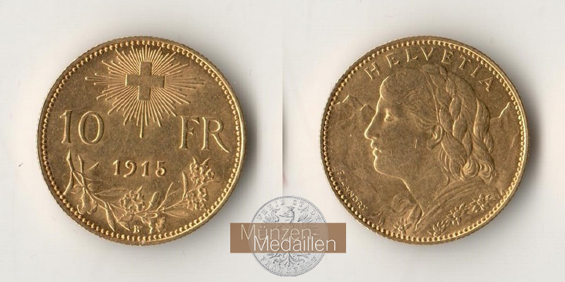 Schweiz  10 sFR MM-Frankfurt Feingold: 2,90g 1/2 Vreneli 1915 B 