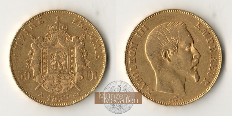 Frankreich  50 Francs MM-Frankfurt Feingold: 14,52g Napoleon III. 1857 A 