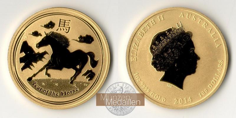 Australien  100 Dollar MM-Frankfurt Feingold: 31,1g Jahr des Pferdes Lunar II 2014 