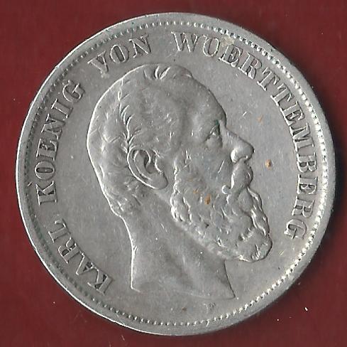  5 Mark Wuerttemberg 1876 F Koblenzer Münzen Studio Koblenz Frank Maurer AH502   