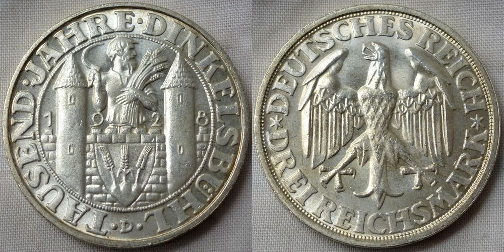  Weimarer Republik - 3 Reichsmark 1928 - Dinkelsbühl - J.334 - Erhaltung f. St !!   