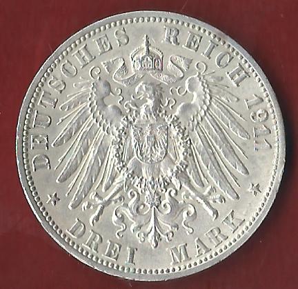  3 Mark Wuerttemberg 1911 st Koblenzer Münzen Studio Koblenz Frank Maurer AH513   