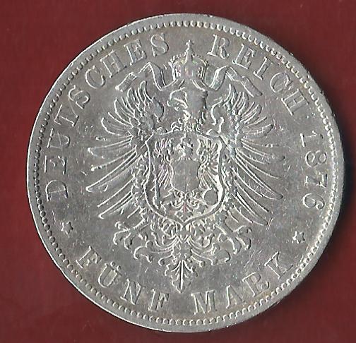  5 Mark Wilhelm I 1876  B Koblenzer Münzen Studio Koblenz Frank Maurer AH564   