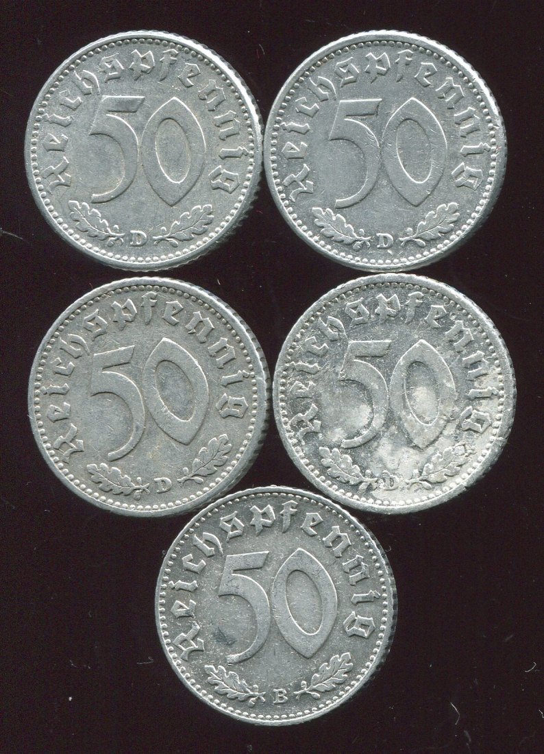  3. Reich 5x 50 Pf. Münzen von 1939 - 1944   