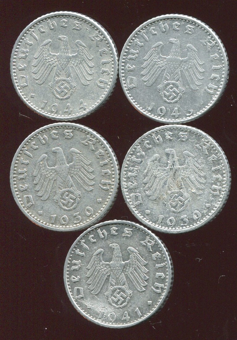  3. Reich 5x 50 Pf. Münzen von 1939 - 1944   