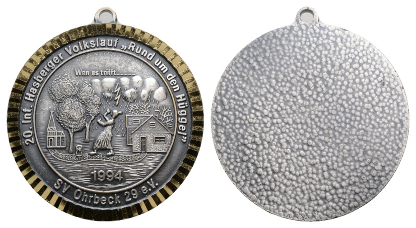  Medaille; 20. int. Hasberger Volkslauf; SV Ohrbeck 29 e.V.; gehenkelt, unedel; 43,76 g; Ø 50,1 mm   