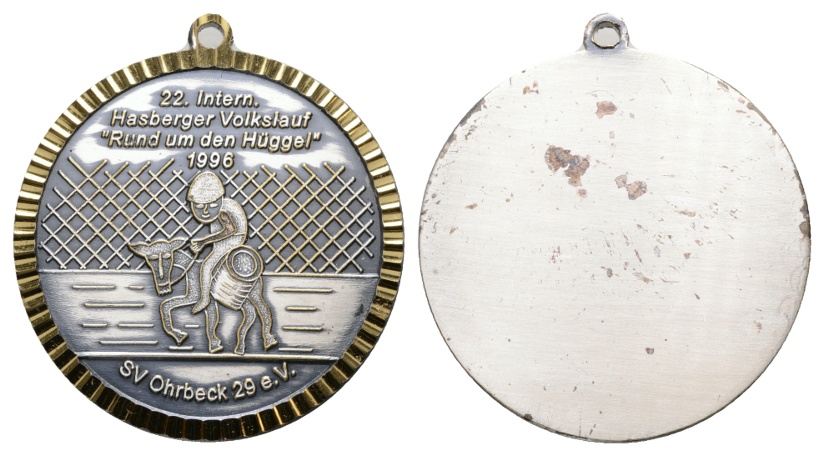  Medaille; 22. int. Hasberger Volkslauf ; SV Ohrbeck 29 e.V.; gehenkelt, unedel; 42,70 g; Ø 50,1 mm   