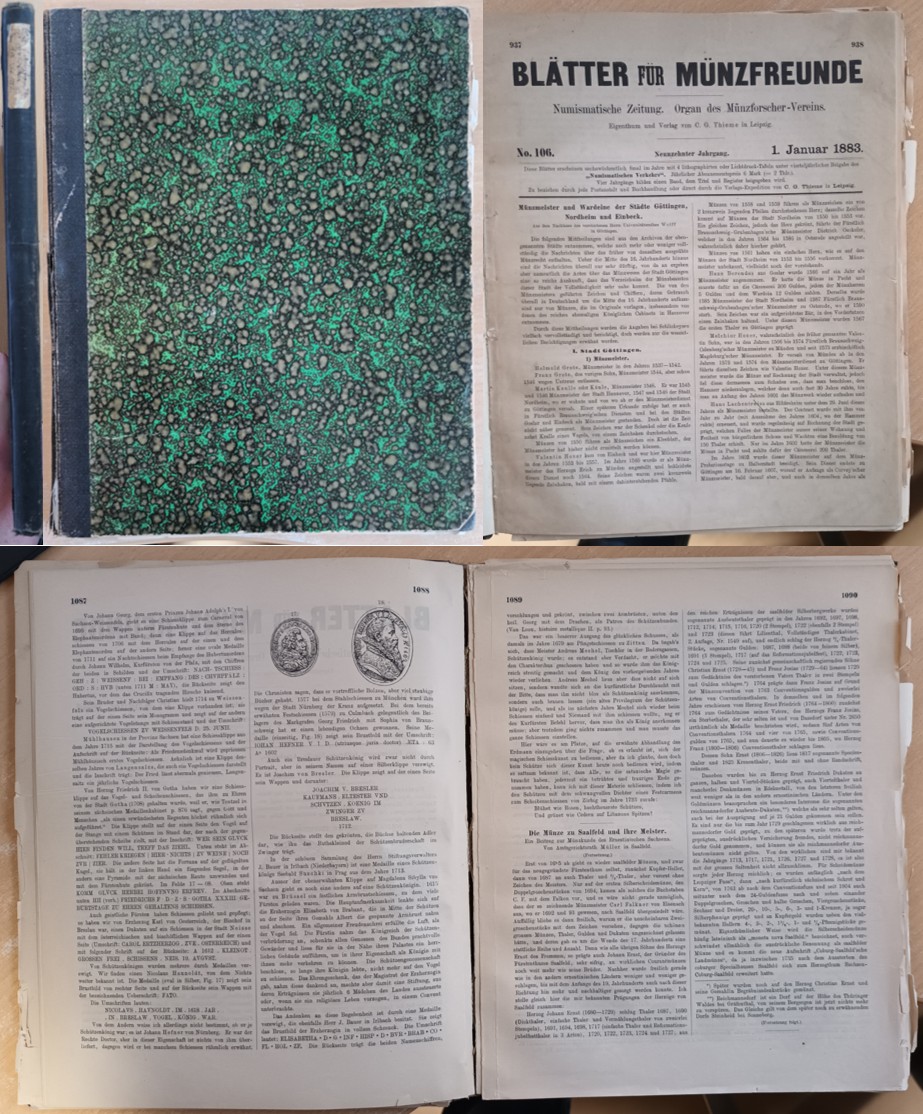  Numismatische Zeitung; Blätter für Münzfreunde 1883-1887; beschädigt   