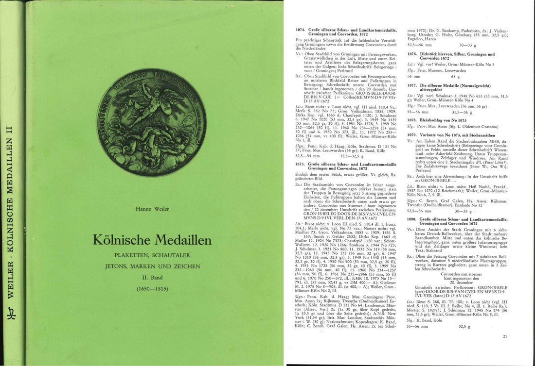  Weiler: Kölnische Medaillen; II. Band 1650–1815; Krefeld-Hüls 1981   