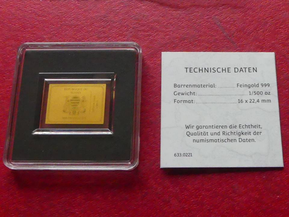  Mini-Goldbarren 1/500 Unze 999er Gold Segelschiff 3000 Francs Tschad   