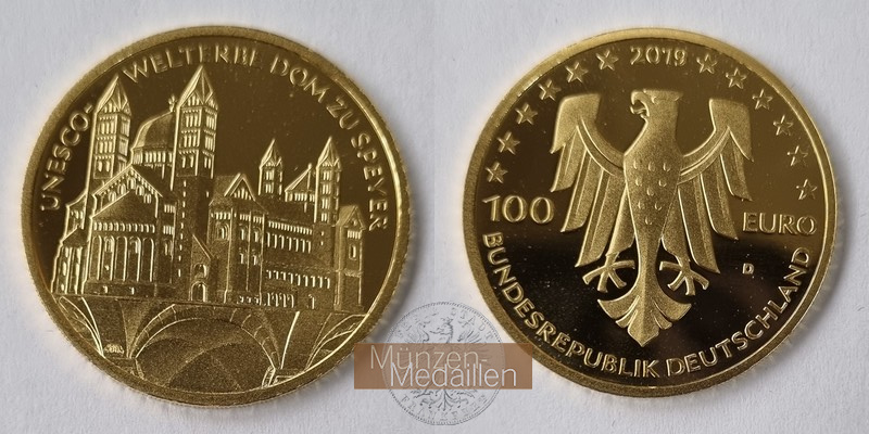 BRD  100 Euro   UNESCO Welterbe MM-Frankfurt  Feingold: 15,55g Dom zu Speyer 2019 D 