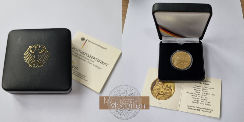 BRD  100 Euro   UNESCO Welterbe MM-Frankfurt  Feingold: 15,55g Dom zu Speyer 2019 D 