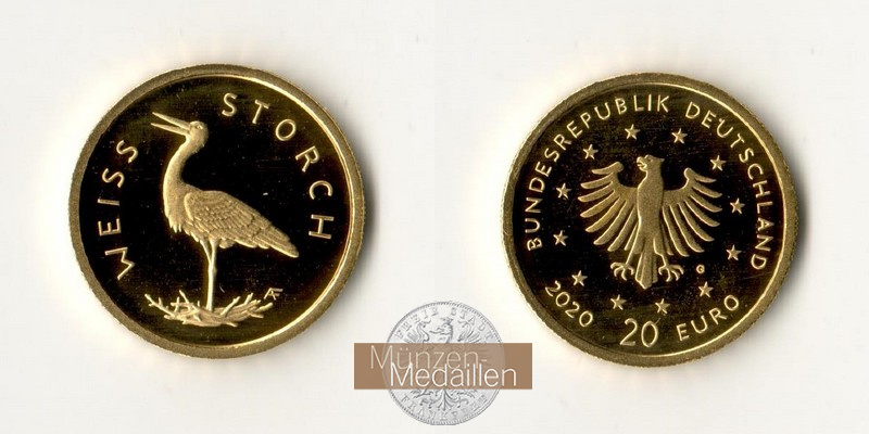 BRD,  20 Euro MM-Frankfurt Feingold: 3,89g Weißstorch 2020 G 