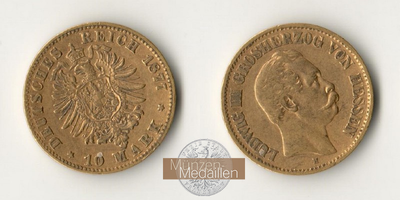 Hessen, Kaiserreich  10 Mark MM-Frankfurt   Feingold: 3,59g Ludwig III. 1848-1877 1877 H 