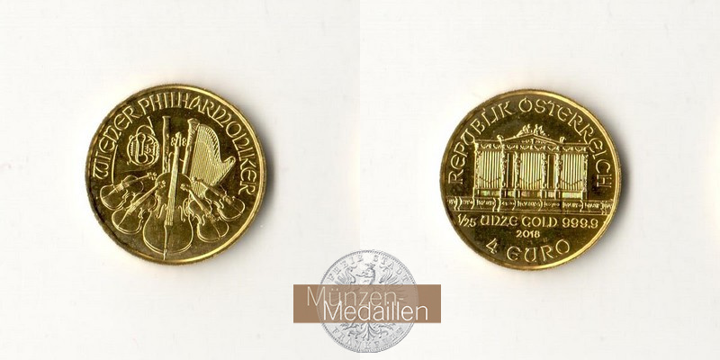 Österreich  4 Euro  2018 MM-Frankfurt Feingold: 1,24g Vienna Philharmonic  