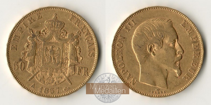 Frankreich  50 Francs MM-Frankfurt Feingold: 14,52g Napoleon III. 1857 A 