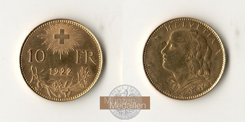 Schweiz  10 sFR MM-Frankfurt Feingold: 2,90g 1/2 Vreneli 1922 B 