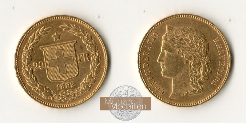 Schweiz MM-Frankfurt Feingold: 5,81g 20 sFR (Helvetia) 1892 