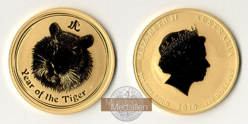 Australien 100 Dollar MM-Frankfurt Feingold: 31,1g Year of the Tiger 2010 