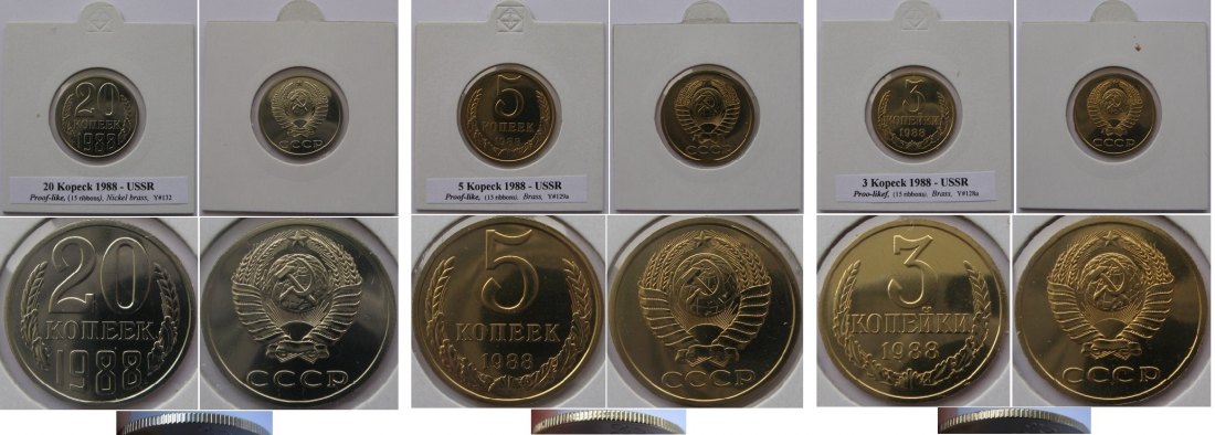  1988,USSR, set 3 pcs prooflike coins: 3-5-20 Kopeck   