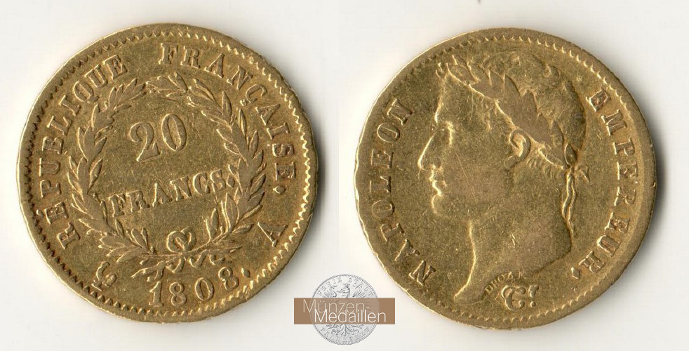 Frankreich, Napoleon I. 1803-1815 MM-Frankfurt Feingewicht: 5,81g 20 Francs 1808 A 