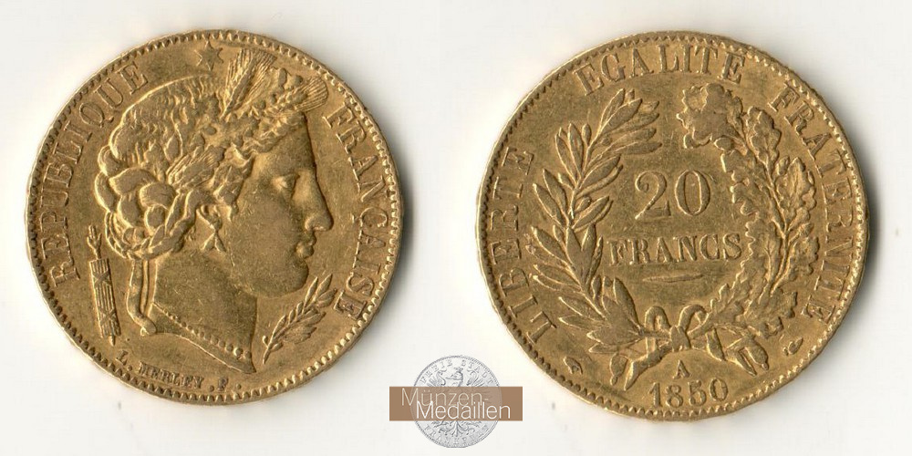 Frankreich, 2. Republik 1848-1851. MM-Frankfurt Feingewicht: 5,81g 20 Francs 1850 A 