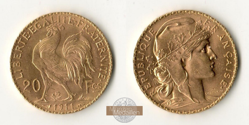 Frankreich, 3. Republik 1870-1941. MM-Frankfurt Feingewicht: 5,81g 20 Francs 1911 (A) 