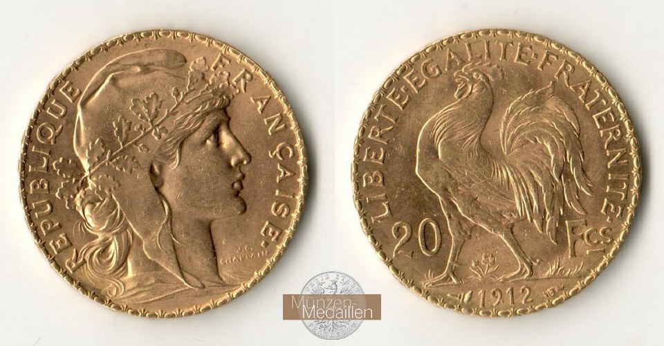 Frankreich, 3. Republik 1870-1941. MM-Frankfurt Feingewicht: 5,81g 20 Francs 1912 (A) 