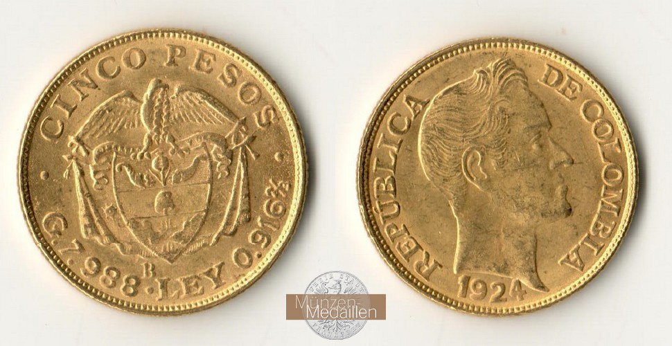 Kolumbien, Republik seit 1911. MM-Frankfurt   Feingold: 7,32g 5 Pesos 1924 B 