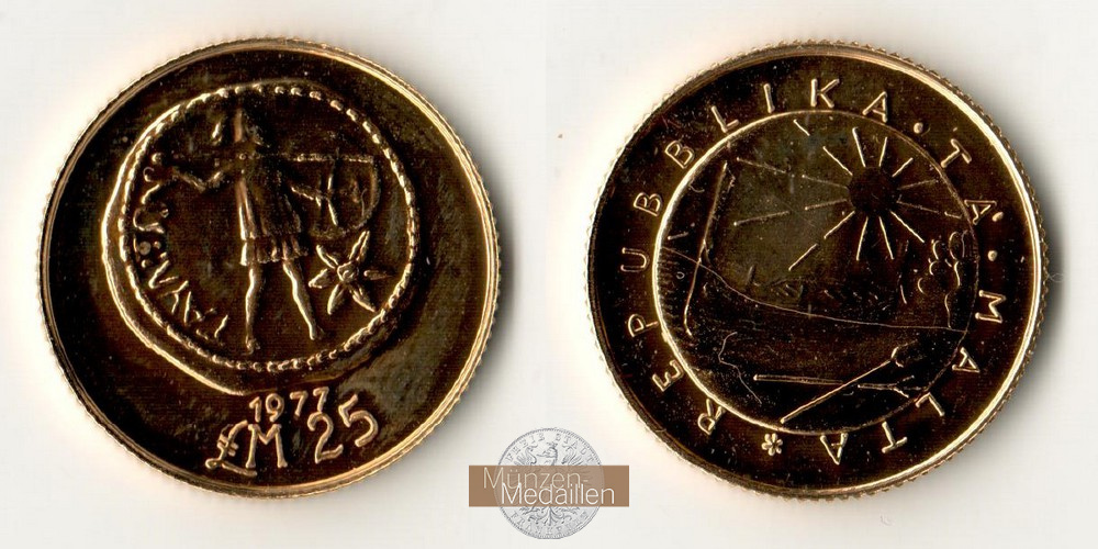 Malta, Republik seit 1975. MM- Frankfurt  Feingold: 7,33g 25 Lire 1977 