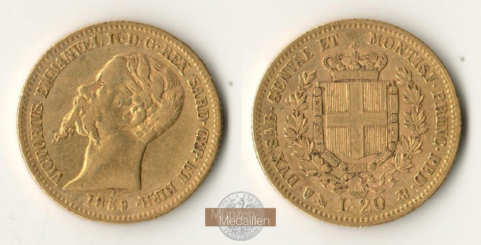 Sardinien, Vittorio Em. II. 1849-1861. MM-Frankfurt Feingold: 5,81g 20 Lire 1859 